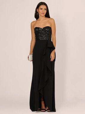 Strapless Sequin Ruffle Combo Gown In Black
